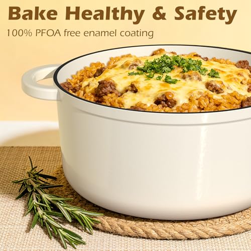 Umite Chef Enameled Cast Iron Dutch Oven-7QT Pot with Lid Cookbook & Cotton, Heavy-Duty Cookware for for Bread Baking, Braising, Stews, Marinate, Cook(Cream White) - Image 3