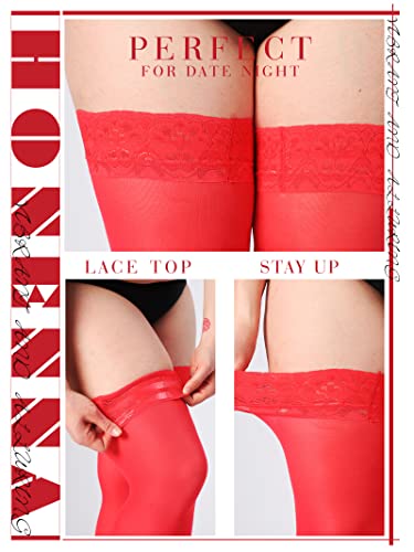 Image of HONENNA Plus Size Thigh High Stockings, Semi Sheer Stay Up Lingerie Lace Top Pantyhose for Curvy Women