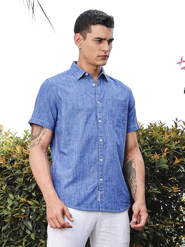 Image of Thomas Scott Men's | Solid | Linen Blend | Slim Fit | Short Sleeve | Spread Collar | Casual |Shirts for Men