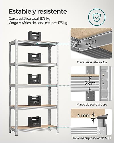 SONGMICS Estantería Pesada de 5 Niveles, Estantería de Acero, Montaje sin Herramientas, para Instrumentos, Garaje, Almacén, Trastero, Carga de 875 kg, 40 x 90 x 180 cm, Plata GLR40SV - imagen 4