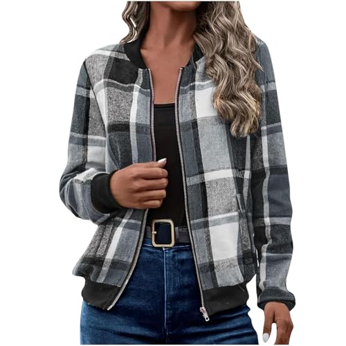 Jacket Fall Outfits for Women 2025 Jackets Long Sleeve Zip Up Flannel Plaid Jacket Casual Warm Bomber Jackets Coats