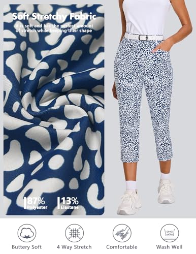 SERSARY Golfhose Damen 7/8 Golf-Hosen Stretch mit Rechte Reißverschlusstasche Gürtelschlaufen Golf Hose,Blauer Leopard,M