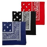 [MDSTYLE] 3枚セット バンダナ コットン 100% 大判 56cm x 56cm スカーフ 三角巾 ハンカチ ペイズリー (ネイビー/黒/赤)