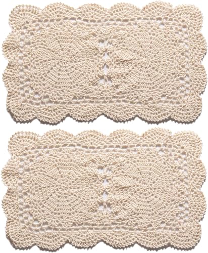Feyarl 2 Pcs Rectangle Doilies Handmade Crochet Cotton Table Doilies Lace Table Placemats Coaster 10.5x17inch (Beige)