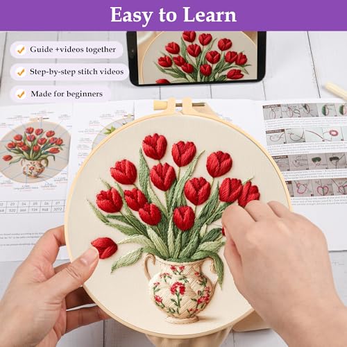 Image of 3 Pack Embroidery Kit for Adult Beginners, Needlepoint Cross Stitch Kits with Flower and Green Plant Stamped Patterns, Embroidery Hoop, Tools,Colorful Threads,Step by Step Instructions,DIY Starter Kit