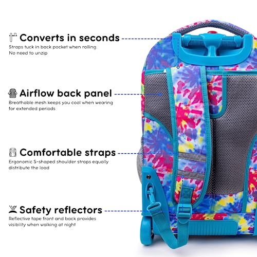 Image of J World Sundance Laptop Rolling Backpack for Girls Boys. Roller Bookbag with Wheels, 20 Inch, Tie Dye