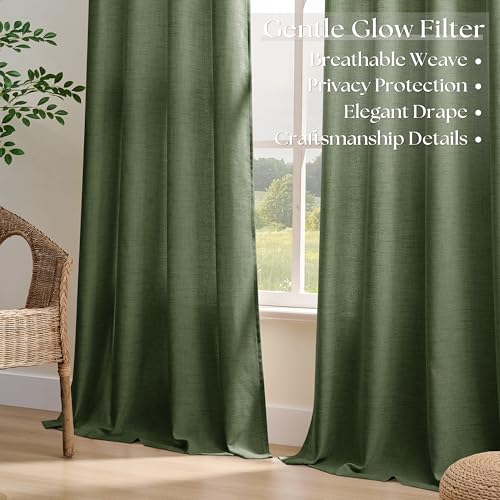 Image of 90 Inch Length 2 Panels Olive Green Linen Curtains for Living Room | Semi Sheer, Grommet Drapes, Thick Linen, Privacy, Boho, Farmhouse, Window Curtain for Bedroom, Office, Sliding Door, 52x90