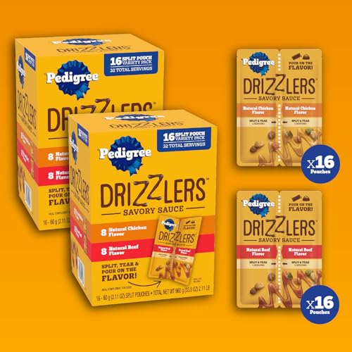 Image of Pedigree Drizzlers Savory Sauce Wet Dog Pouch, Multipack, 16 Count, 2-Pack | Chicken & Beef flavors, 4 calories per serving, 8 ingredients, dual-serving split pouch, maintains kibble crunch