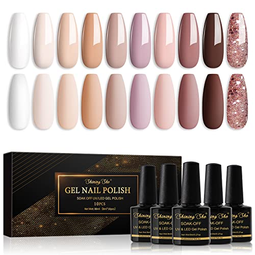 Shining She Vernis Semi Permanent, 10 Couleurs Blanc Naturel Nudee Rose Champagne Brun Paillettes Or Gel UV Semi Permanent Soak Off UV/LED Vernis à Ongles...