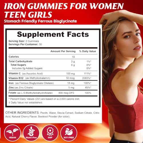 Image of Iron Gummies Supplement for Teen Girls Women, Ferrous Bisglycinate, 60 Cts
