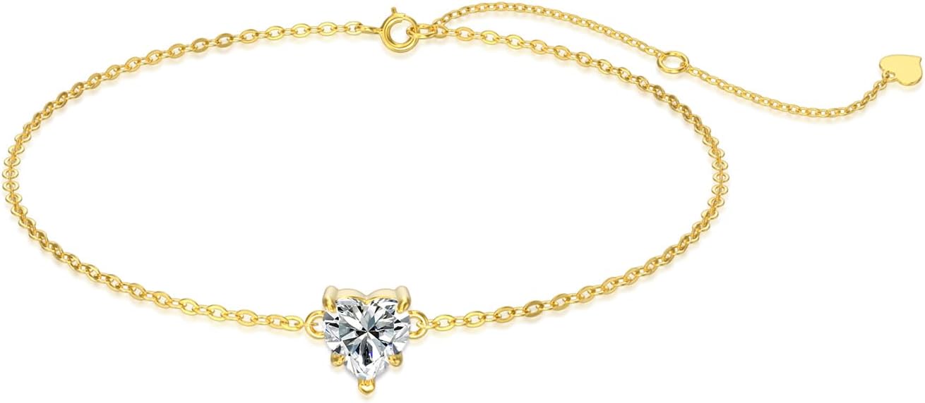14k Gold Love Heart Gemstone Bracelet for Women,7MM Heart-cut Created Birthstone Anniversary Birthday Mother's Day Bracelets Jewelry for Mom Her