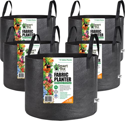 Smart Pot Soft-Sided Fabric Garden Plant Container Aeration Planter Pots with Strap Handles, 15 Gallon, 5 Pack, Black