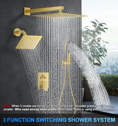 Image of Woindo Shower Faucet Set, 12 inch Wall Mount Rainfall Shower System with 2 Rain Shower Head and Multi-function Handheld Head Push Button Diverter Shower Faucet Trim Kit