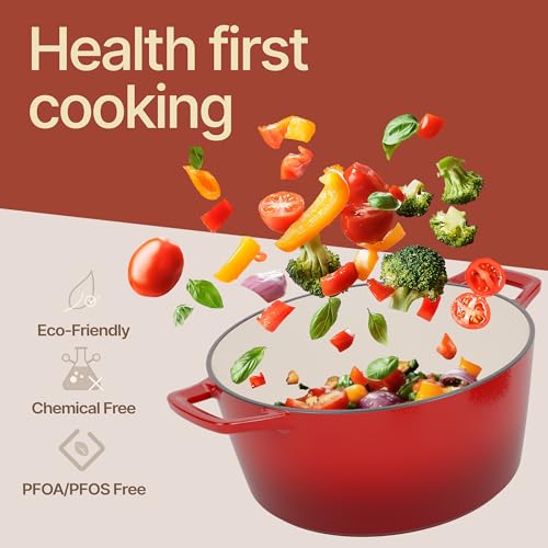 Image of Bakken Enameled Cast Iron Dutch Oven Pot, 6QT Dutch Oven for Bread Baking, Braising & Roasting, Kitchen & Campfire Cooking, Moisture-Locking Lid, Oven Safe Up To 500F, Works on All Cooktops, Red