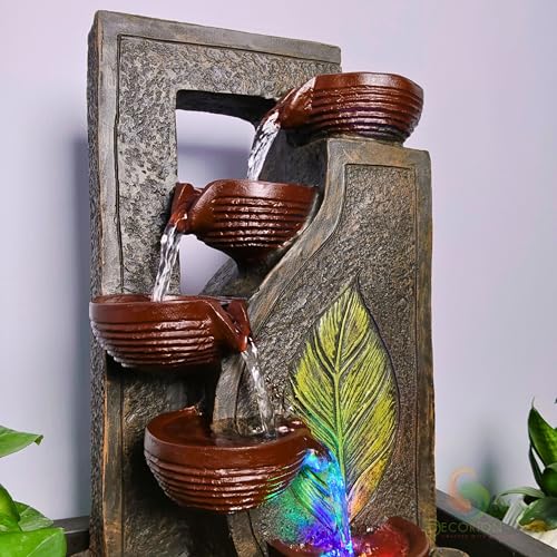Image of Four Steps Leaf Diya Decorative Table Top Water Fountain for Home Decor /Office /Indoor & Outdoor /Garden /Puja Room /Vaastu with Multicolor LED Light and Adjustable Water Pump