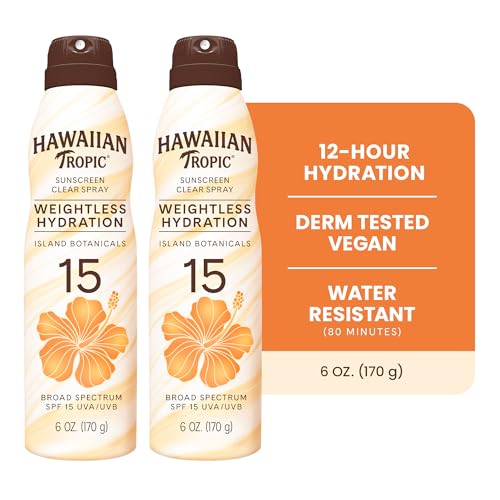 Image of Hawaiian Tropic Weightless Hydration Clear Spray Sunscreen SPF 15, 6oz Twin Pack, Hawaiian Tropic Sunscreen SPF 15, Sunblock, Oxybenzone Free Sunscreen, Spray On Sunscreen Pack, 6 oz each