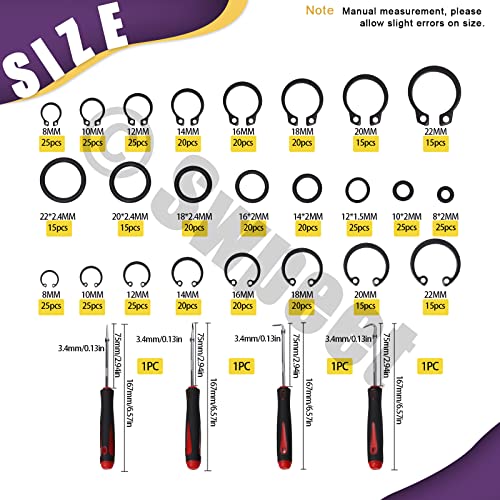 Swpeet 499Pcs Universal O-Ring Washer, 8Mm To 22Mm Alloy Steel External Retaining Rings Internal Circlip Snap Retaining Clip Ring With Short Pick And Hook Assortment Kit For Pin Clips Plumbing #TOP1