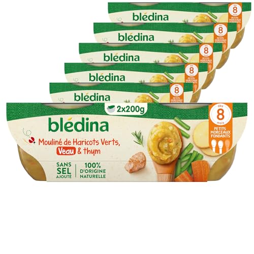 Blédina - Bols - Repas midi bébé - Mouliné de Haricots Verts, Veau & thym - Dès 8 mois - Sans sel ajouté - 12x200g