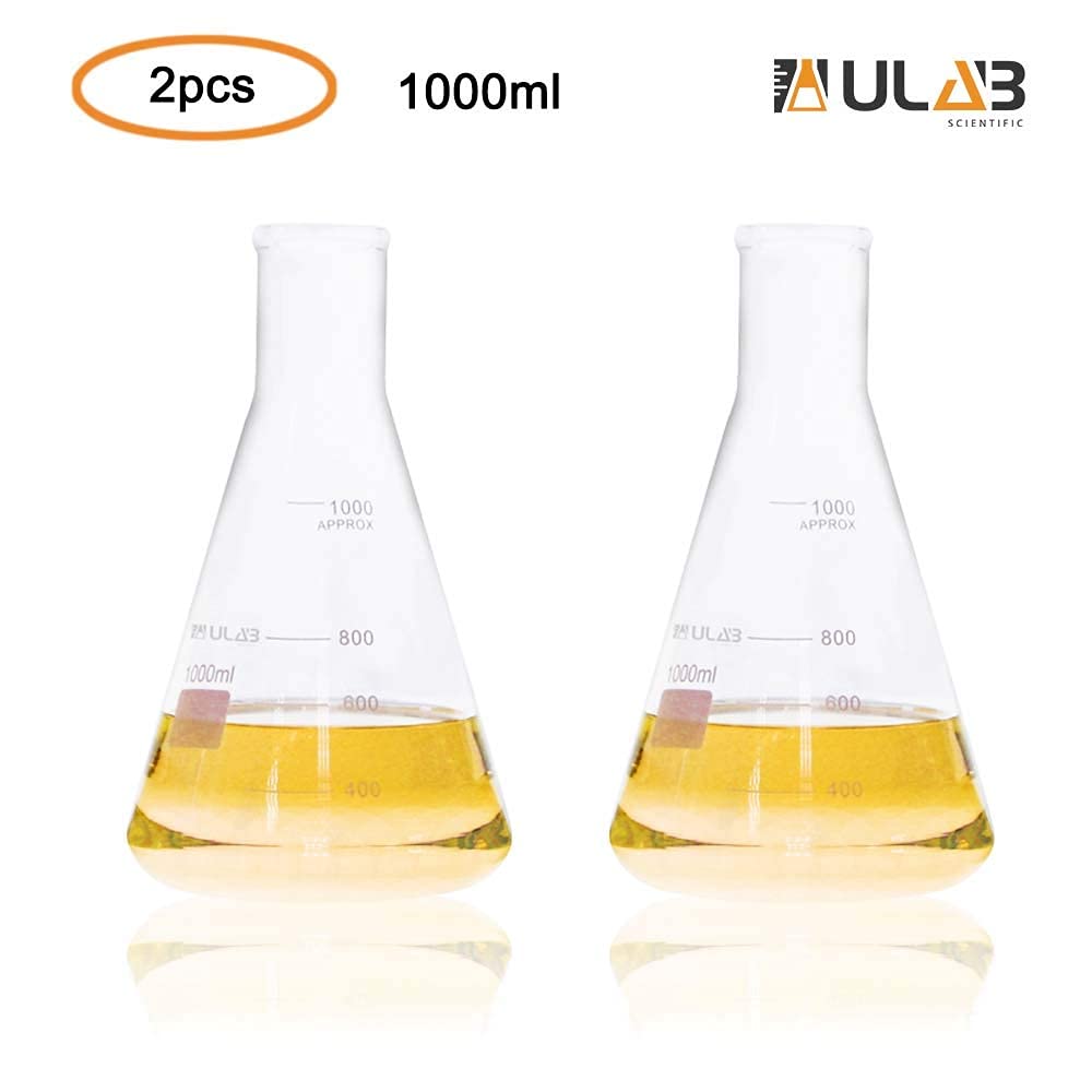 ULAB Scientific UEF1027 Erlenmeyer Lot de 2 flacons en verre borosilicate 3,3 avec graduation imprimée 1000 ml