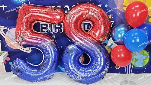 Image of 40 In Red And Blue Spider Theme Large Number 9 Balloon | Giant Large Helium Foil Balloon for Boy or Girl 9 th Birthday Wedding Anniversary Baby Shower Party Decorations