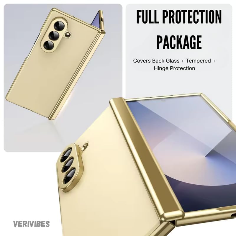 Image of Ultra Hybrid Luxury Leather Case Compatible with Samsung Galaxy Z Fold 5 (2025) 360 Hinge Protection, Slim Shockproof Back Cover, Anti-Scratch Design, Tempered Glass Protection - Golden