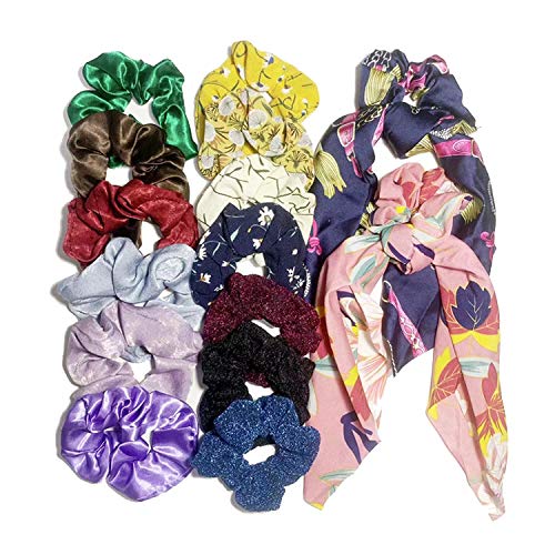 15 Pack Scrunchies for Hair, Cute Hair Scrunchies Women Hair Bling Scrunchies Chiffon Flowers Elastic Hair Bands Scrunchy Hair Scarf Ponytail Holder Hair Ties Ropes Scrunchie