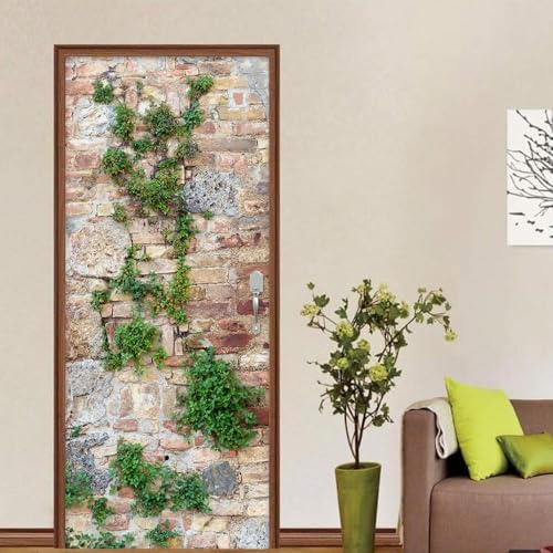 Fykjgs Modern Brick Wall Door Stickers for Interior Doors Green Plants 3D Door Decals Art Sticker Self Adhe