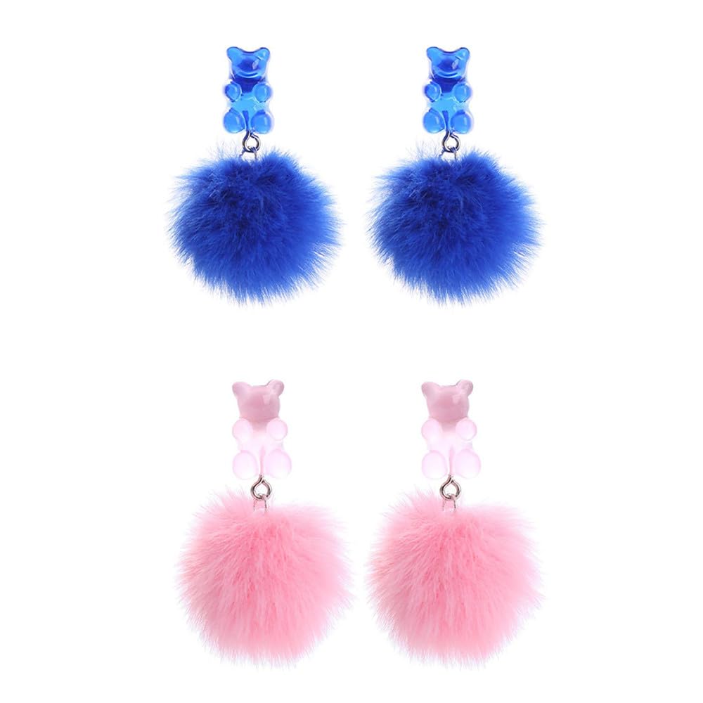 Pom Pom Candy Bear Earrings Fluffy Faux Fur Ball Earrings Gummy Resin Bear Drop Earrings Cute Colorful Ball Resin Bear Dangle Earring for Women Girls