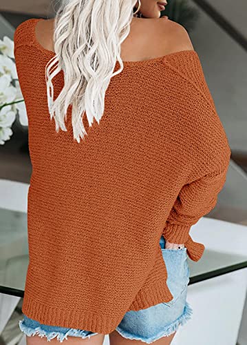 Image of Women's Off Shoulder Knit Sweaters Oversized V Neck Long Sleeve Loose Lightweight Pullover Tops