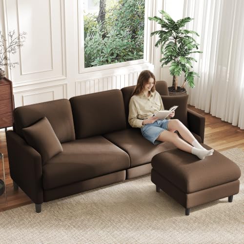 Image of Welzona 83 inch Couches for Living Room, Teddy Sofa Couch with Storage Ottoman, L Shaped Couch with Movable Ottoman, Tool-Free Modular Sectional Sofa, All-Wood Sofas for Living Room 2 Pillows, Khaki