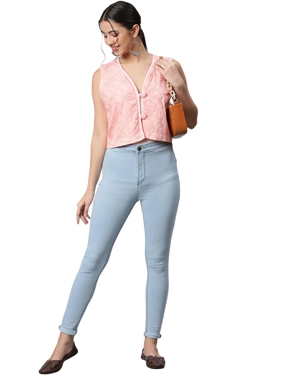 SHADES OF FAASHION Women's Casual Chikankari Peach stretchable Koty Formal Jacket (Peach)