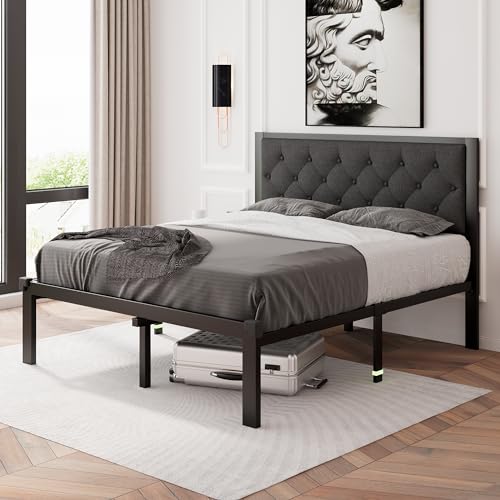 Image of Feonase Full Size Metal Bed Frame, Heavy-Duty Platform Bed Frame with Linen Upholstered Headboard, 12 inch Storage Space, Steel Slats Support, No Box Spring Needed, Gray