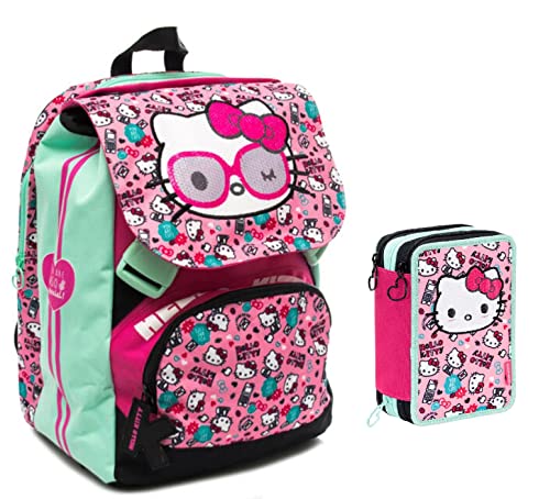 Sac à dos scolaire Hello Kitty extensible + trousse 3 étages complète + offert 7 stylos effaçables + stylo lumineux LED et porte-clés à paillettes