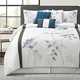 LANCO MODERN LIFESTYLE White King Comforter Set, 7 Pieces Bed in a Bag, Elegant Floral Leaves Embroidery, Soft and Lightweight All Seasons Bedding Set, Bedskirt, Pillow Shams, Decor Pillows