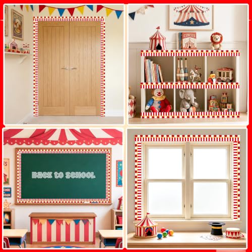 Image of BeYumi Circus Tent Border Trim - 65ft Back to School Border Roll Classroom | Red and White Circus Tent Bulletin Board Border Set School Classroom Library Office Chalkboard Home Wall Carnival Party Decor