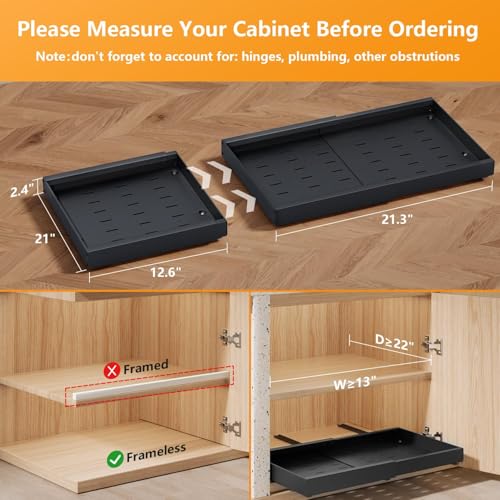 Pull Out Cabinet Organizer, 21" Deep, Expandable(12.6"-21.3"), Slide Out Drawers for Cabinets with Adhesive, Adjustable Roll Out Shelves for Kitchen Pantry (Black-2 Pack, 21"D x 12.6"W x 2.76"H)