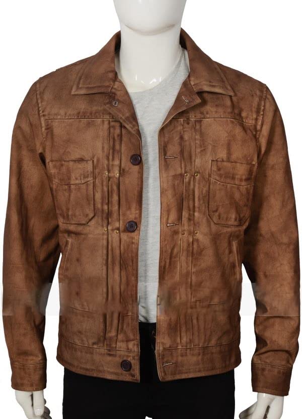 Hide & Seek Men's Vintage Waxed Brown Cowboy Western Fashion Trucker Shirt Collar Classic Retro Leather Jacket3