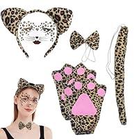 MIVAIUN 5 Pieces Leopard Costume,Animal Print Set,Leopard Ears Headband Tail Bow Tie Glove Face Stickers,for Kids Fancy Dress Up Birthday Costume Accessories Christmas Day (Brown)