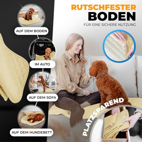 SympaTierisch wasserdichte Hundedecke - Robuste Hundematte als Schutz für Sofa & Bett - rutschfeste Hundedecke auch für große Hunde geeignet - in der Waschmaschine waschbar - 130 x 100 cm - gelb