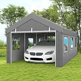 Outsunny Carpa Garaje Portátil 6x3 m, Garaje Exterior para Coche Impermeable con Paredes Laterales Desmontables, 2 Puertas Enrollables y 6 Ventanas, Cobertizo de Almacenamiento Anti-UV, Gris Claro