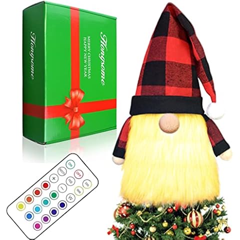 Gnome Christmas Tree Topper with Lights Decorations,23.6” Large Buffalo Plaid Battery Operated Remote 13 Colors Change Light Up Gnome Tree Decorations for Xmas Tree Topper Red&Black Cover