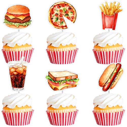 Décorations de cupcakes Fast Food 36 toppers colorés frites pizza gâteaux