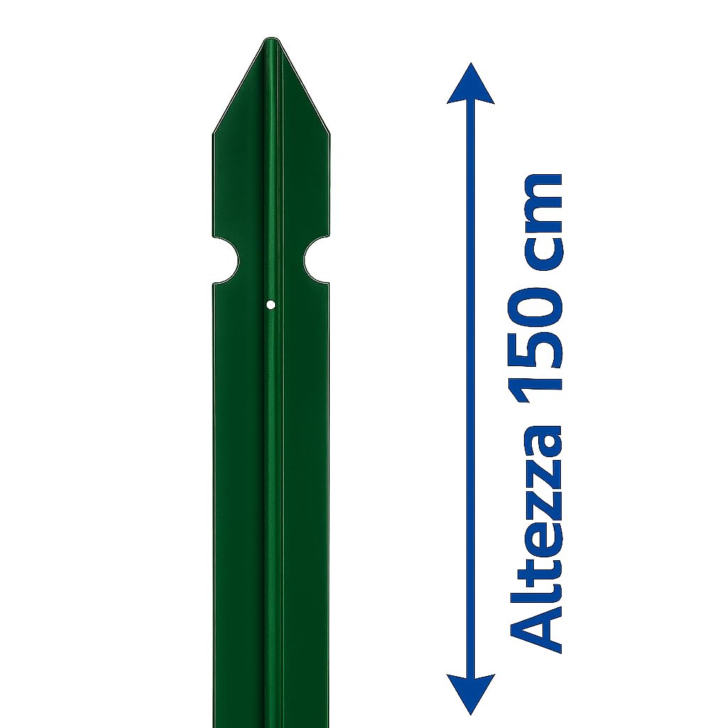 10 PZ Palo Paletto a T 30x30 mm in FERRO PLASTIFICATO VERDE per Rete Recinzione Metallica – Altezza a scelta tra: 125cm / 150cm / 175cm – Robusto, Anticorrosione – MADE IN ITALY (150 cm)