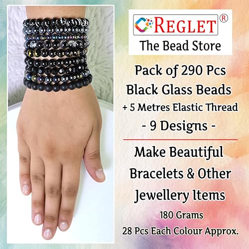 Image of 290 Pcs Black Glass Beads for Jewellery Making Kit - Glass Beads for Bracelet Making Kit - Bead Craft - 8mm
