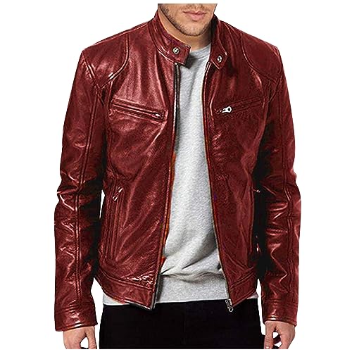 WENKOMG1 Men Faux Leather Jacket, Fall/Winter Thickening Coat Long Sleeve Zip Up Outwear Sports Basic Parka with Pocket