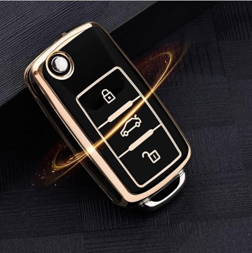 Image of TPU Car Key Cover Black & Golden Compatible for Skoda Rapid, Laura, Superb, Octavia, Fabia, Yeti (Skoda, 3 Button Flip Key)
