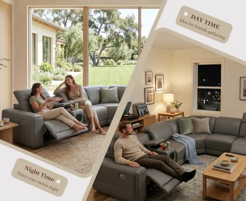 Image of Power Recliner Sectional Sofa, L-Shaped Living Room Furniture Set, Reclining Sectional Couch with Storage Console /Cup Holder for Living Room /House /Apt (Grey, 5 Seater)