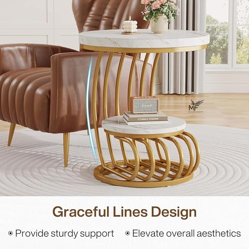 Image of MELVON End Table /Side Table with White Marble Look Engineered Wood Top & Golden Metal Frame, 2 Tier Storage for Living Room, Bedroom, Bedside & Office | Golden & White