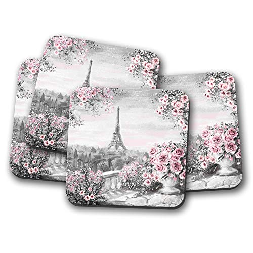 Ensemble de 4 – Pretty Tour Eiffel Dessous de Verre – Paris France Rose roses Fleur Cadeau # 14816