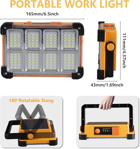 Image of 2 Pack 120W Solar Rechargeable Work Light, 144 LED 10000LM Portable Flood Light with Stand, IP66 Waterproof 4 Modes LED Job Site Lighting Flashlights for Mechanic Camping Fishing Car Repair